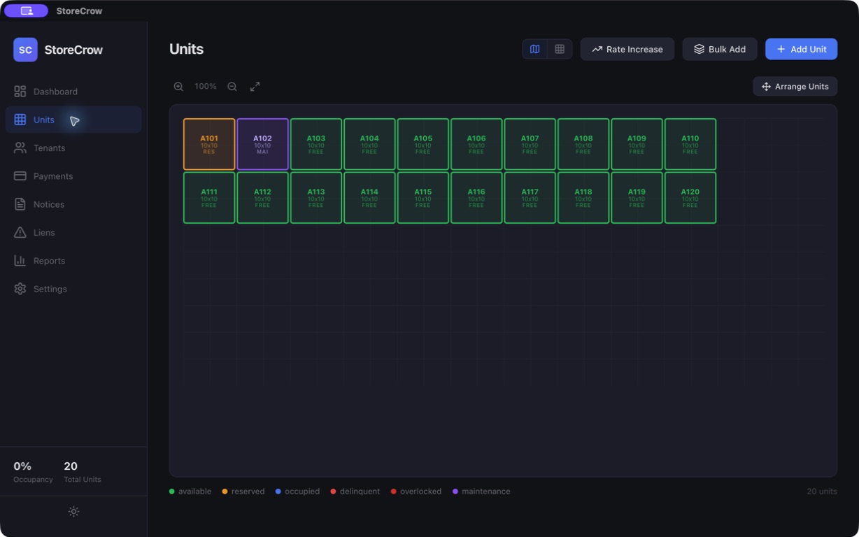 StoreCrow unit floor plan in dark mode