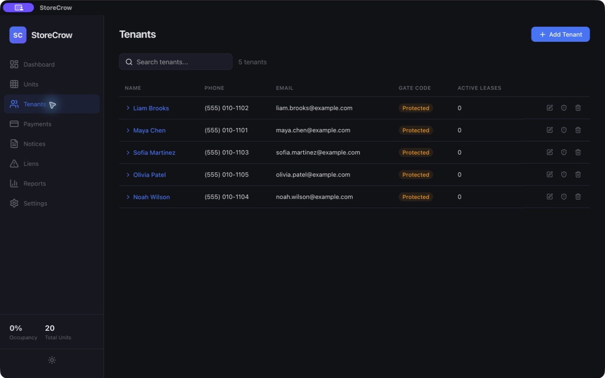StoreCrow tenant index in dark mode